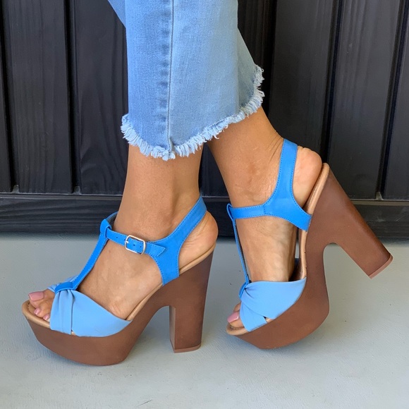 Boutique Shoes Ocean Blue Chunky Wooden Heel Platform Sandal Poshmark